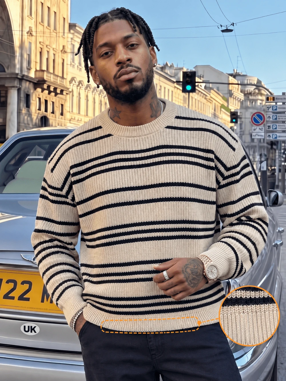 BLACKTOEXIT Men's Round Neck Long Sleeve Knit Sweater, Korean Style Slouchy Vintage Ribbed Cuffs Pullover, Autumn/Winter - Apricot - View 1
