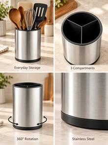 360° Rotating Kitchen Utensil Storage Rack, Stainless Steel Round Kitchen Tool Organizer With Drainage Holes, Soup Ladle, Fork, Knife, Scraper And Cooking Utensils Storage Bucket, Suitable For Kitchen And Dining Room Countertop Storage - Multicolor - View 10