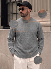 Lookun Men's Crew Neck Long Sleeve Knit Sweater, Vintage Old Money Style Pullover, Ribbed Hem And Cuffs, Urban Casual Top For Autumn/Winter - Grey - View 2