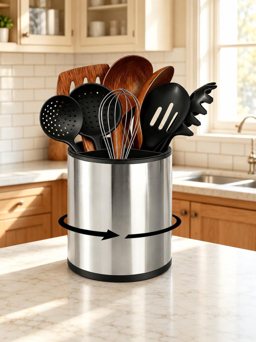 360° Rotating Kitchen Utensil Storage Rack, Stainless Steel Round Kitchen Tool Organizer With Drainage Holes, Soup Ladle, Fork, Knife, Scraper And Cooking Utensils Storage Bucket, Suitable For Kitchen And Dining Room Countertop Storage