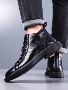 Men's Textured Leather High-Top Casual Boots, Round Toe Lace-Up, Metal Eyelets, Stitching Detail, Thick Sole Heel, Pull Tab, Everyday Casual Work Shoes - Black - View 2