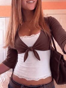 Women Y2K Ribbed Deep V Front Tie Crop Top, Three Quarter Sleeve Slim Fit Solid Color Casual Cropped Blouse - Brown - View 4