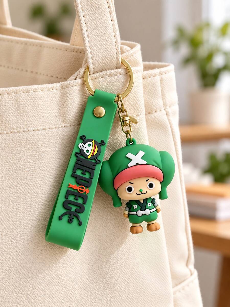 Miniso Gantungan Tas Karakter Tony Tony Chopper dari ONE PIECE dengan Pakaian Hijau, Tali Pergelangan Tangan Hijau, dan Klip Emas untuk Ransel dan Tas Tangan, Hadiah Ulang Tahun dan Natal - Gaya 1 - View 1