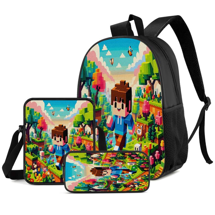 Pixel Forest Animal Boy Walking In Flower Sea Print 3 Pieces Set, Large Capacity Backpack + Crossbody Lunch Bag + Pencil Case, Durable Water-Resistant Fabric, Adjustable Padded Shoulder Straps, Fresh Healing Sandbox Style Daily Commute Travel Storage Set - Printed Bag - View 1