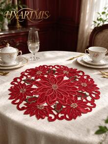HXARTMIS 1/2/4pcs, 38cm Round Red Lace Placemats, Red Floral Embroidered Handmade Hollow Table Mats, Holiday Table Decor, Christmas Table Decoration, Daily Home Decor - Red - View 2