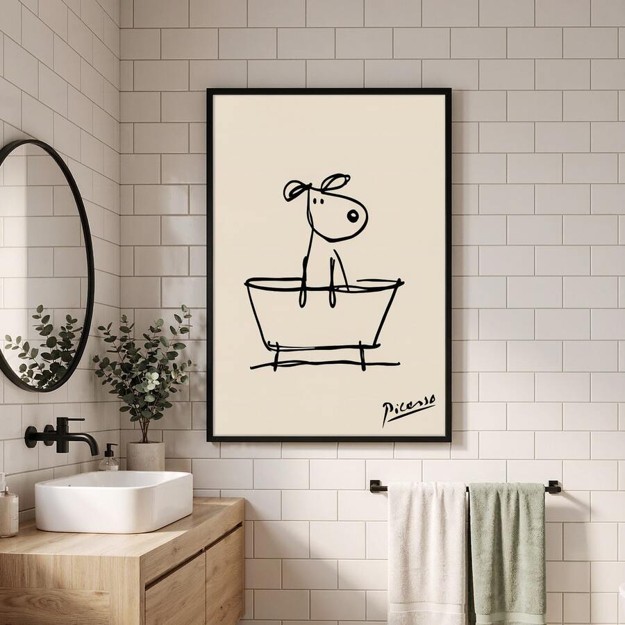 1 幅极简黑白斗牛犬浴缸线条艺术画 - 竖条纹无框海报,适用于浴室、客厅 - 现代小型犬墙面装饰,爱狗人士礼物,户外使用 - 彩色 - 查看 1