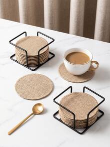 1-24pcs Natural Color Round Coasters, Nordic Wabi-Sabi Style Jute Woven Round Heat-Insulating Absorbent Coaster Set With Iron Storage Rack, Suitable For Home, B&B, Coffee And Tea Cups - Multicolor - View 7
