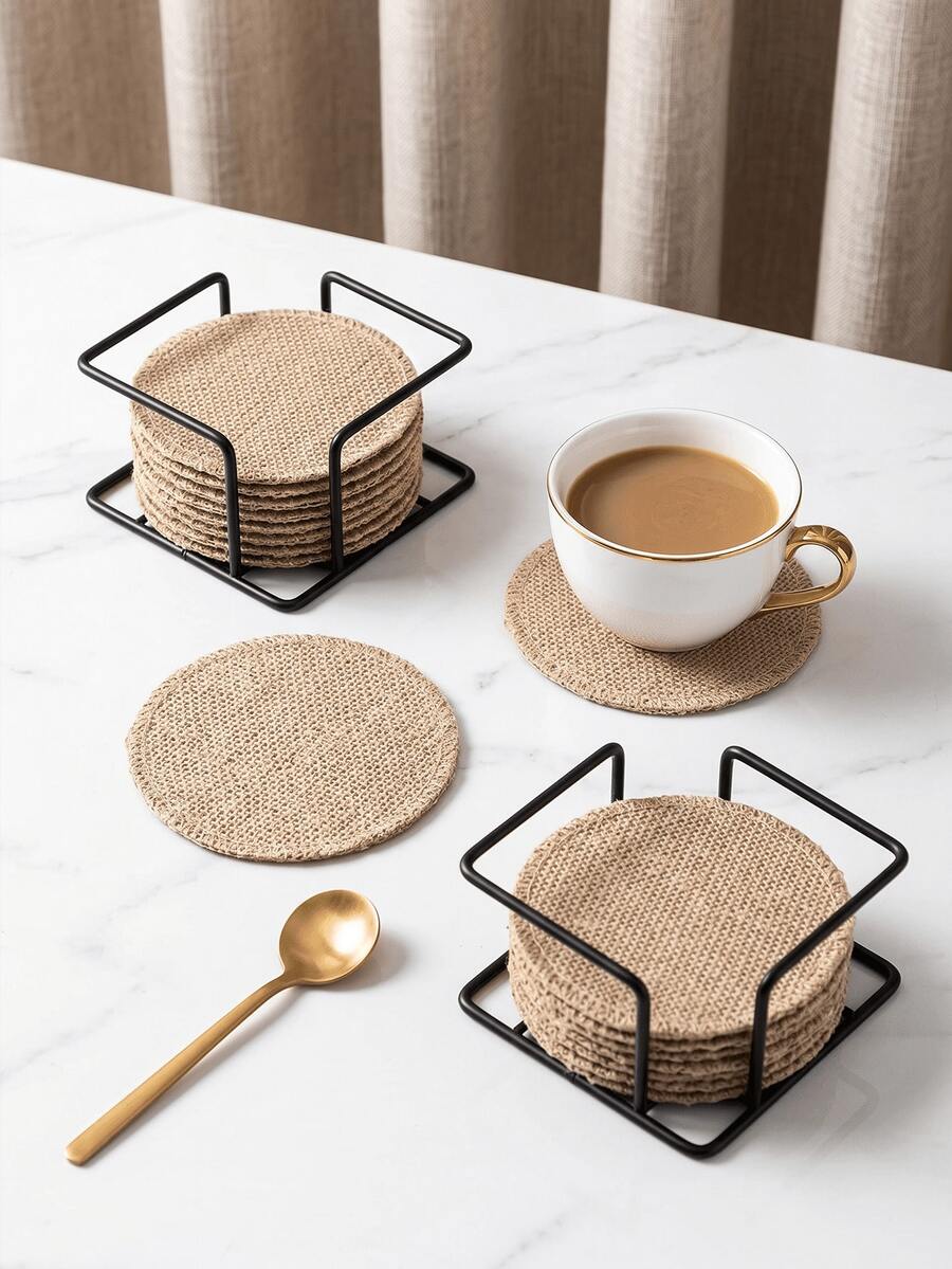 1-24pcs Natural Color Round Coasters, Nordic Wabi-Sabi Style Jute Woven Round Heat-Insulating Absorbent Coaster Set With Iron Storage Rack, Suitable For Home, B&B, Coffee And Tea Cups - Multicolor - View 1