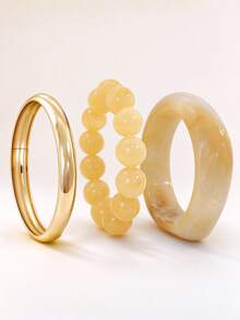 3pcs Designer Chinese Style Hand Jewelry Set, Wide Gold-Tone Bangle, Thin Elastic Beaded Bracelet, Niche High-End Accessory - Small Square 3-piece Set - View 18
