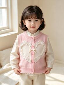 WUHUANG YIYI Baby Girl Casual Applique Lace Trim Heart Pattern Loose Lightweight Round Neck Knit Cardigan, Suitable For Outings In Spring - Baby Pink - View 4