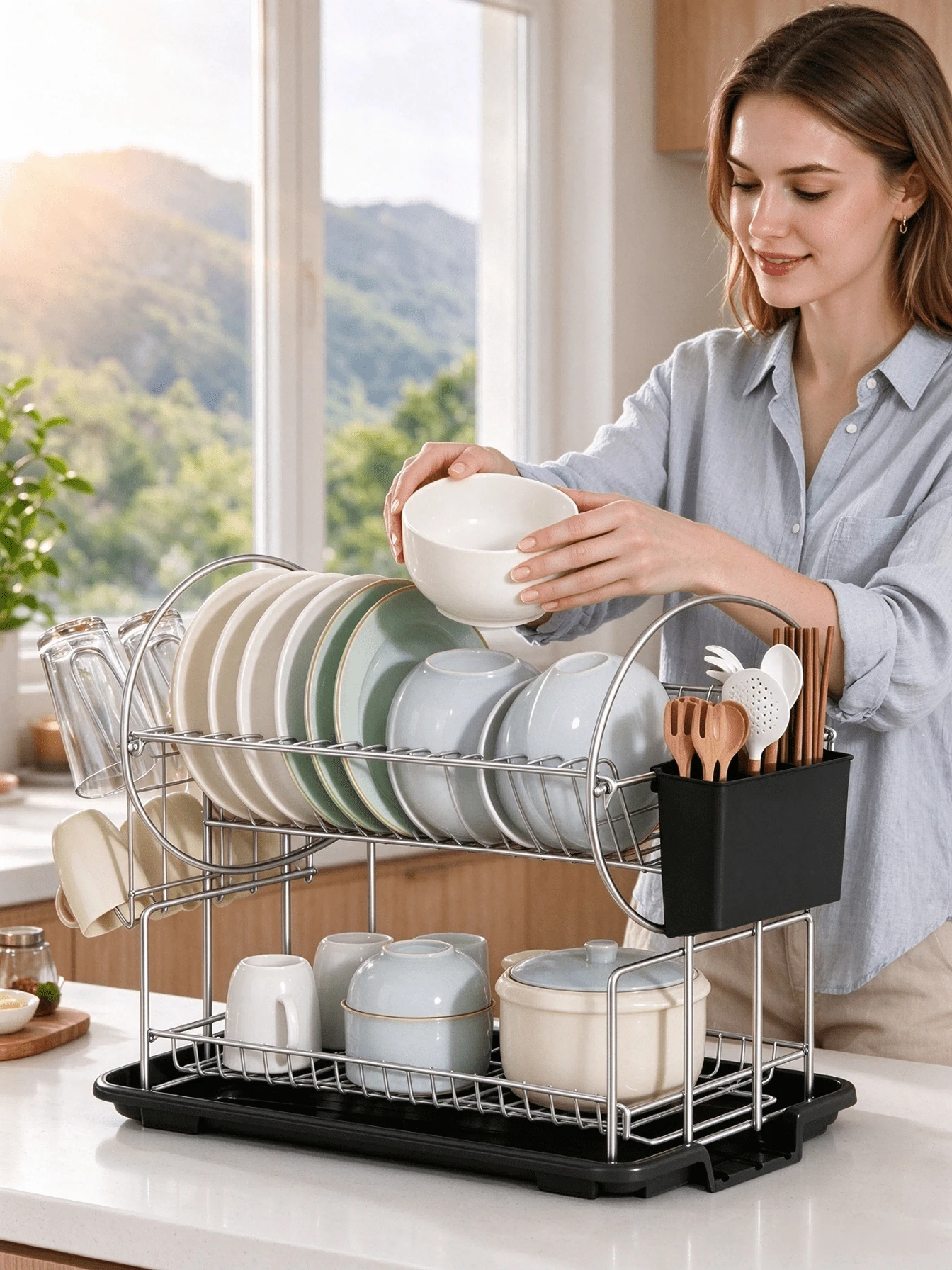 Double-Layer Iron Dish Rack With Drain Tray For Separate Storage Of Bowls And Plates. It Comes With A Cutlery Holder. Sturdy Structure Enables Fast Water Draining, Keeping Your Kitchen Counter Neat And Dry. - Multiple Specifications - View 1