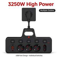 EU Power Strip Extension Cord 3250W Multi-Outlet Socket Expander With Independent Switch, 4 AC Outlets And 4 USB Ports Wall Plug Power Adapter For Home And Office - Black - View 4