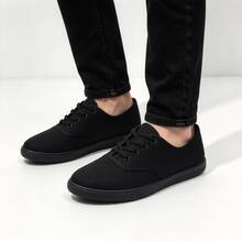 Men's Canvas Casual Shoes, Breathable Lightweight Anti-Slip Walking Shoes, Solid Color Round Toe Lace-Up Low-Top Flat Design, All-Season Versatile Minimalist All-Match Style, Suitable For Daily Commute, Work And Back To School Wear - Black - View 7