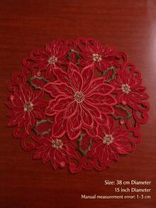 HXARTMIS 1/2/4pcs, 38cm Round Red Lace Placemats, Red Floral Embroidered Handmade Hollow Table Mats, Holiday Table Decor, Christmas Table Decoration, Daily Home Decor - Red - View 8