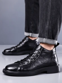 Men's Textured Leather High-Top Casual Boots, Round Toe Lace-Up, Metal Eyelets, Stitching Detail, Thick Sole Heel, Pull Tab, Everyday Casual Work Shoes - Black - View 1