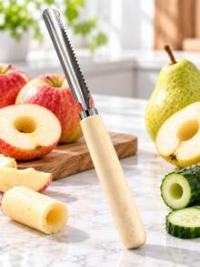 Premium Stainless Steel Fruit & Vegetable Corer With Natural Wooden Handle, Serrated Apple Pear Cucumber Core Remover, Elegant Multi-Purpose Kitchen Prep Tool - Multicolor - View 1