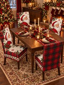 6pcs Christmas Santa Dining Chair Covers, Red Plaid Slipcovers With Holly & Snowflake Print, Holiday Dining Room Decor, Xmas Party Chair Protector Set - B - View 2