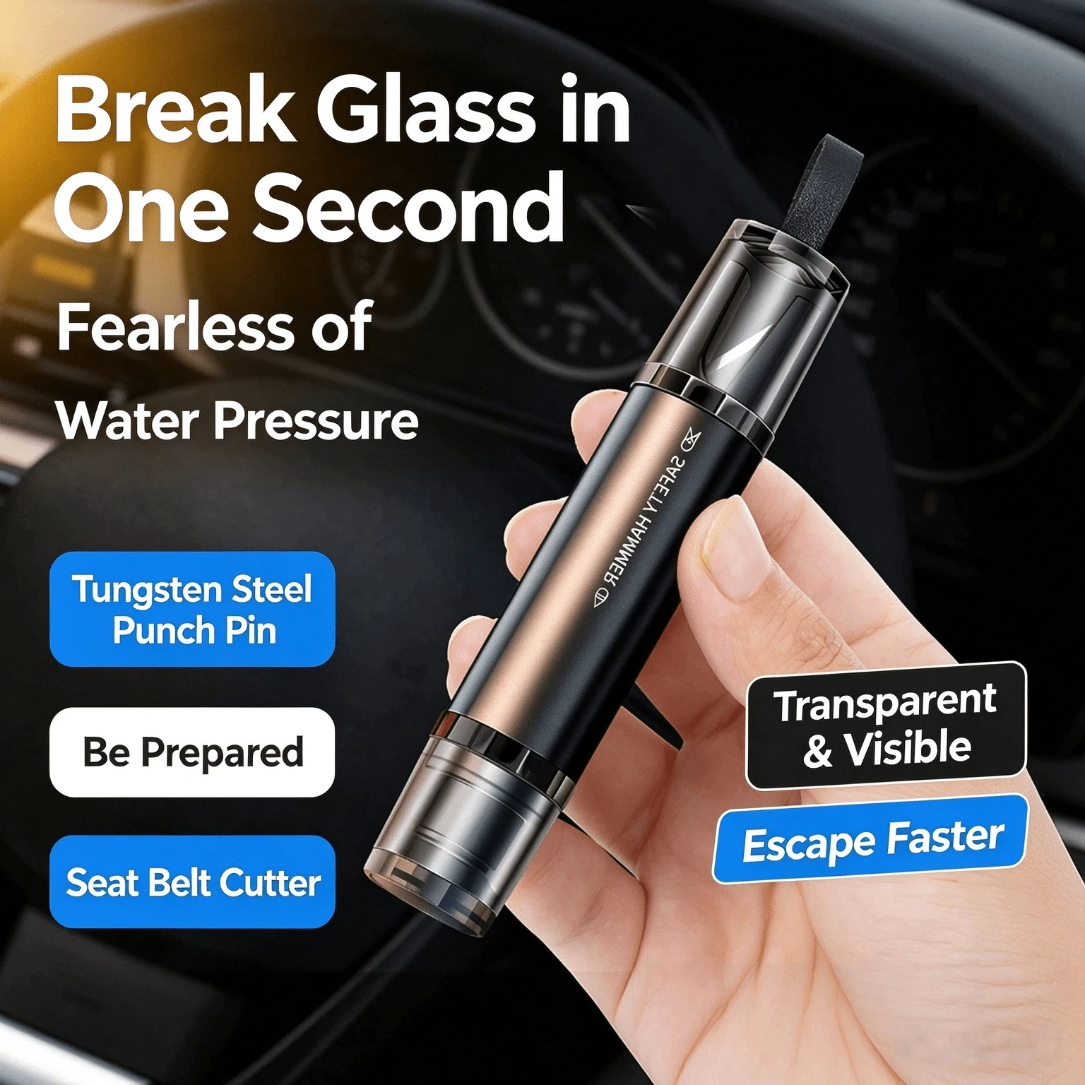 1pc Multifunctional Car Safety Hammer, 2-In-1 Window Breaker & Seatbelt Cutter, Emergency Car Escape Rescue Tool With Storage Base - A - View 1