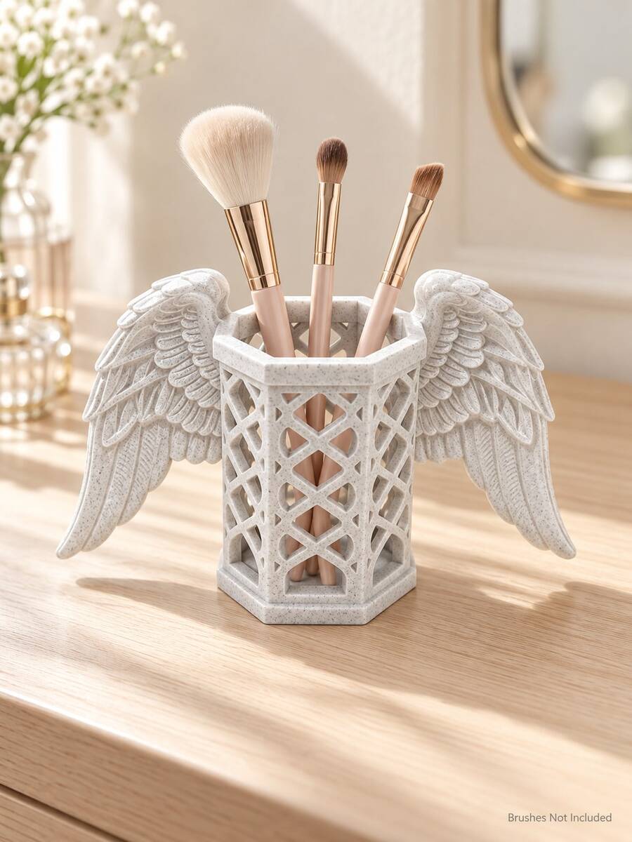 1PC Marble Effect Angel Wing Pen Holder, Hollow Makeup Brush Organizer, Decorative Desktop Storage For Vanity & Office - Multicolor - View 1
