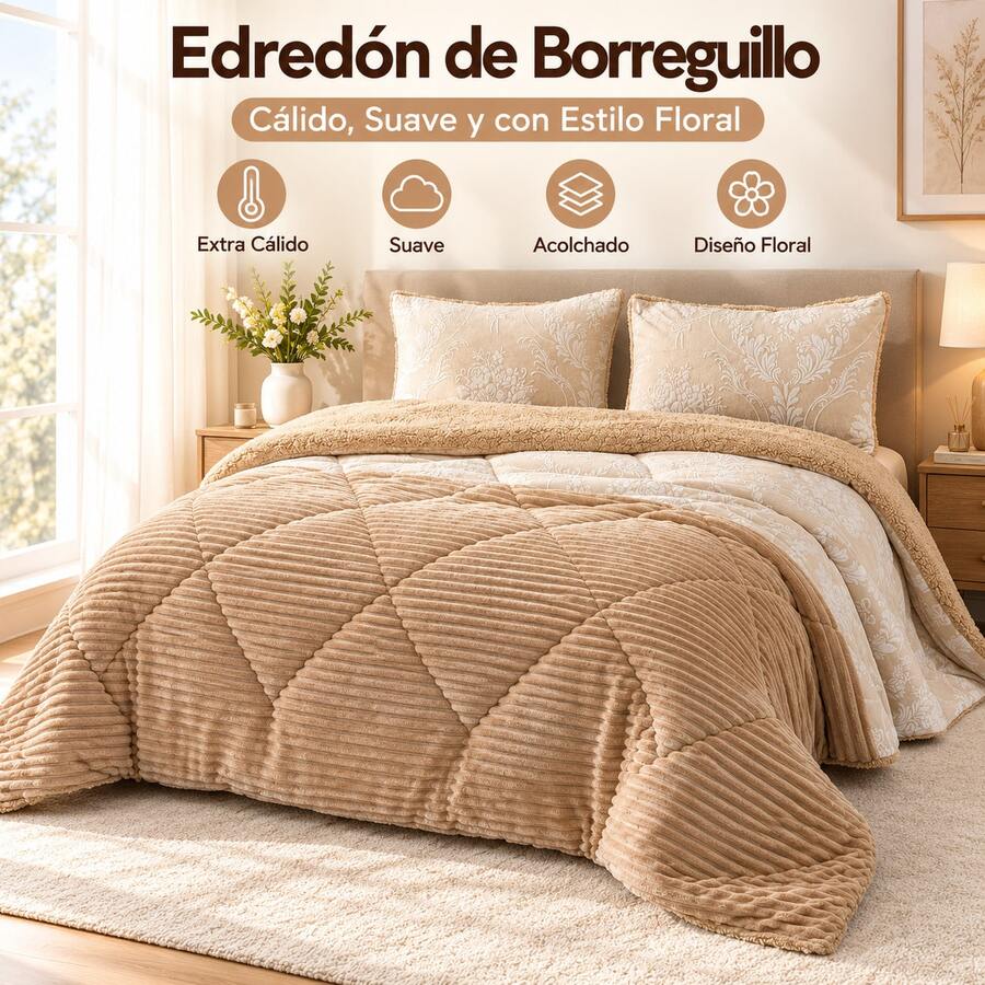 ARISE - Edredón de Borreguillo Floral Extra Cálido y Suave, Acolchado de Invierno para Cama, con Fundas de Almohada, 180 x 240 cm, 220 x 240 cm y 240 x 260 cm - Camel - Ver 1
