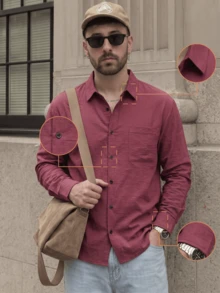 Lookun Men's Long Sleeve Shirt With Turn-Down Collar, Vintage Old Money Style, Textured Crinkled Design, Full Button-Down, Suitable For Spring, Autumn, Winter, Daily Wear And Travel - Burgundy - View 2