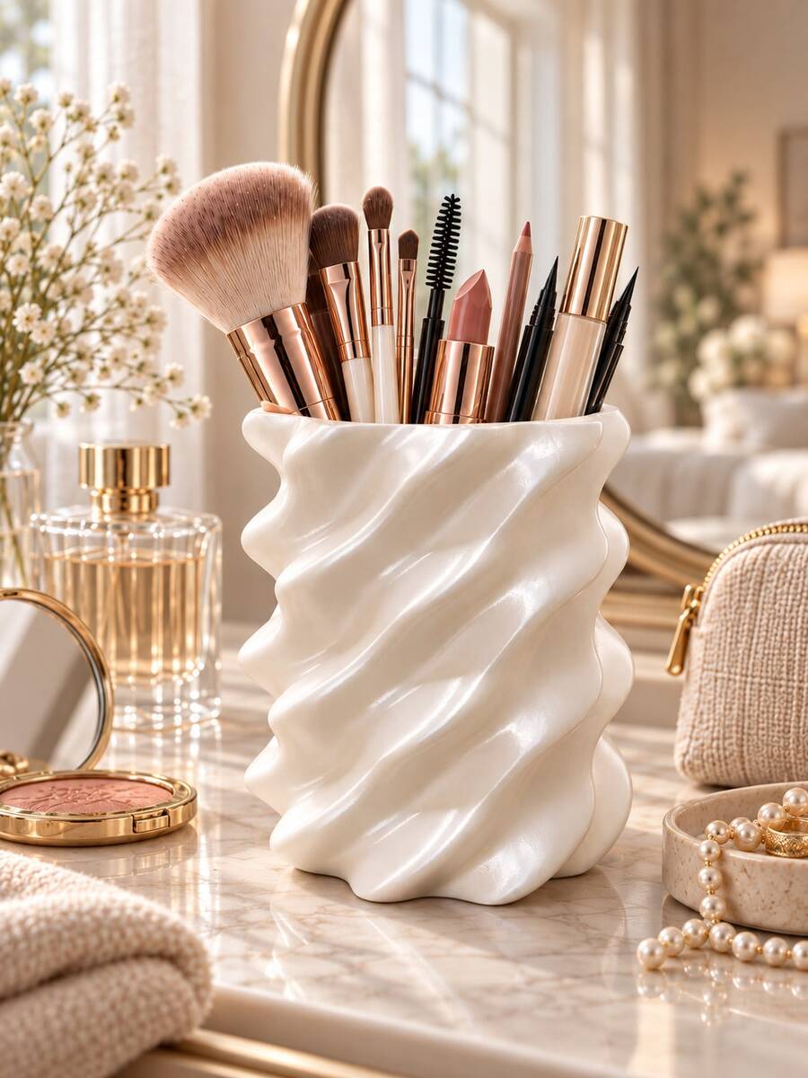 1pc Spiral Cosmetic Storage Cup, Decorative Wavy Makeup Brush Holder, Suitable For Makeup Brushes, Lipsticks, Mascara And Beauty Tools, Adds Elegant Atmosphere To Vanity, Bathroom Countertop, Bedroom Or Office Desk. Vanity Storage, Cosmetic Rack, Desktop Decor, Cosmetic Storage, Room Decor - Multicolor - View 1