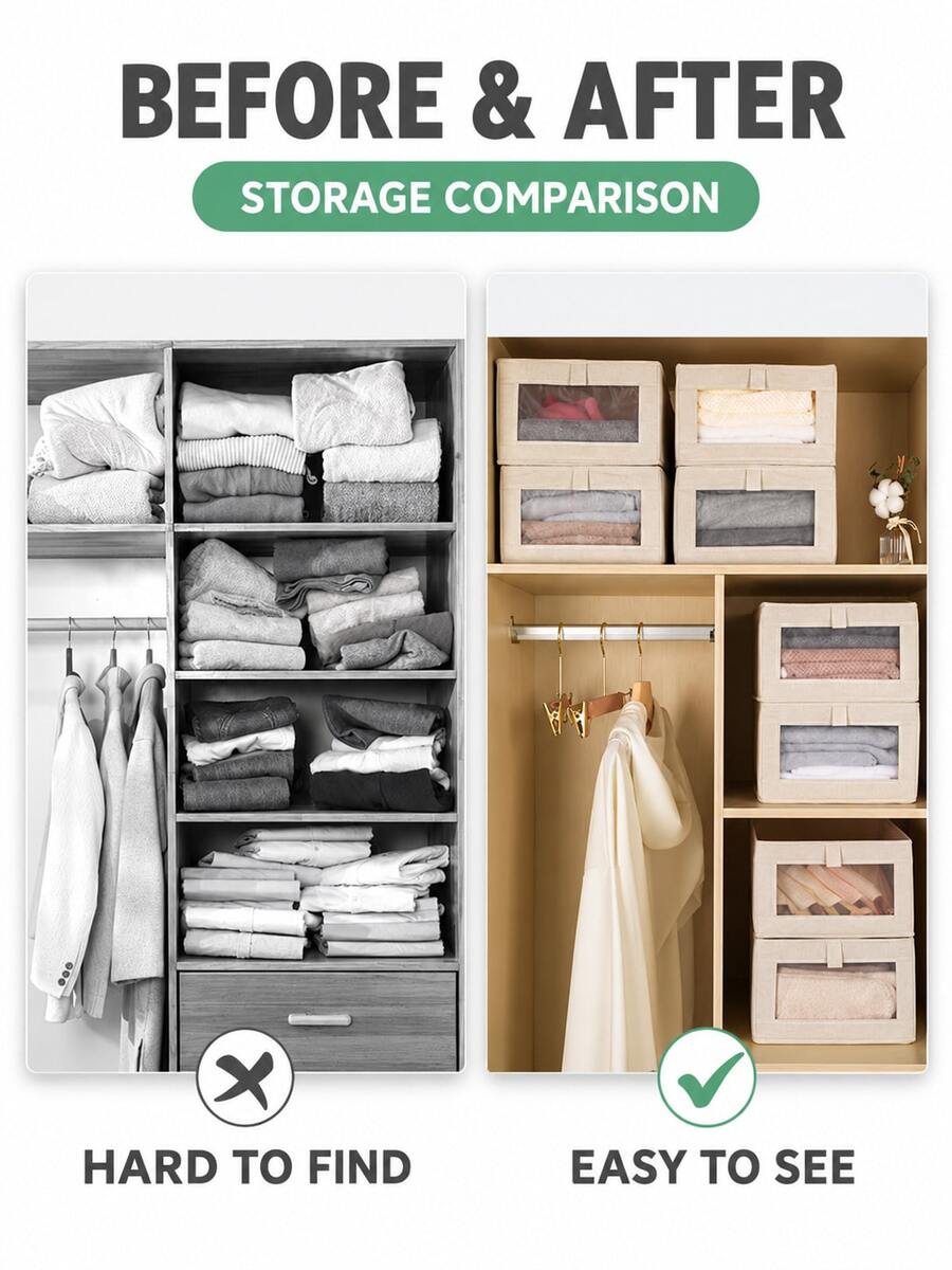 1pc Multifunctional Foldable Fabric Storage Box With Transparent Lid, Storage Organizer Bin For Bedroom Toys, Plush Dolls, Clothes And Closet Organization, Storage Bucket, Storage Container - Beige - View 1