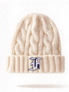 1 Pc A-Z Letter Women's Soft Plush Knit Loose Beanie, Warm Thick Ribbed Winter Cuffed Hat - Off-white - View 10