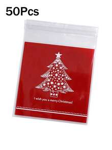 50pcs/Set Christmas Tree Print Gift Bags Merry Christmas Self-Adhesive Bags Packaging Bags Red And Green - Perfect For Christmas Small Gift Packaging - Multicolor - View 10