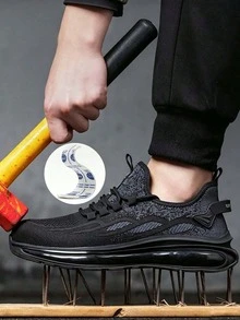 Men Steel Toe Work Sneakers, Fly‑Knit Upper Mesh Lining PU Air Cushion Sole, Anti‑Smashing Puncture‑Resistant For Outdoor Work - Black - View 2