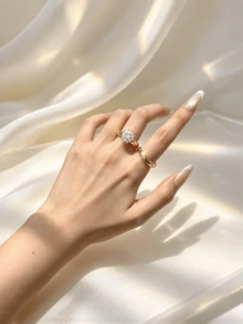 18K Gold Plated Women's Double Band Ring, Round Cut Zirconia Stackable Exaggerated Ring, Elegant Wedding Party Jewelry - Gold - View 3