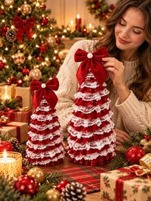 2pcs Pink Velvet Lace Christmas Tree Decorations With Bows, Christmas Home Decor, Christmas Home Ornaments, Navidad Hanging Decorations - Red - View 5