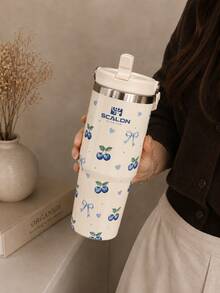 SCALON 30oz/900ML 1pc Soft Cream Style Cherry & Bow All-Over Print Insulated Tumbler, Stainless Steel Vacuum Insulated Cup With One-Click Pop-Up Lid, Leak-Proof Straw, Large Capacity Cold & Hot Coffee Travel Mug, Girly INS Style, Car Commute, Foldable Handle, Portable Design, Long-Lasting Cold & Heat Retention, Suitable For Campus, Commuting, Shopping, Camping, Gift For Best Friend - View 7