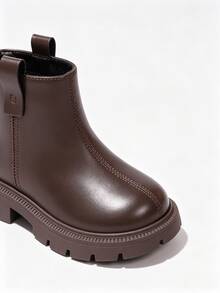 Children's Brown Leather Chelsea Boots, Thick Sole Chunky Heel Short Ankle Boots With Zipper, Toddler Kids Non-Slip Casual Winter Shoes - Brown - View 8