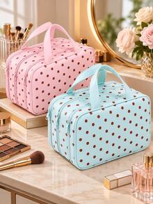 Polka Dot Print Handheld Makeup Bag, Multi-Zipper Pocket Design, PU Material Large Capacity Cosmetic Storage Bag, With Multiple Inner Compartments, Portable Travel Toiletry Organizer, Suitable For Cosmetics, Brushes, Skincare Products, Ideal For Weekend Trips - Multicolor - View 2