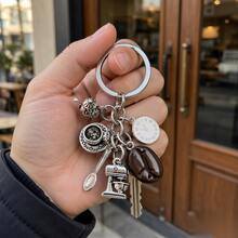1件咖啡主題組合鑰匙圈，復古合金茶壺、咖啡機、咖啡豆吊飾，創意愛好者包包掛飾，跨境禮物 - 彩色 - 查看 7