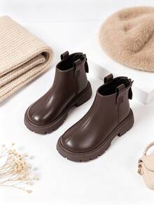 Children's Brown Leather Chelsea Boots, Thick Sole Chunky Heel Short Ankle Boots With Zipper, Toddler Kids Non-Slip Casual Winter Shoes - Brown - View 4