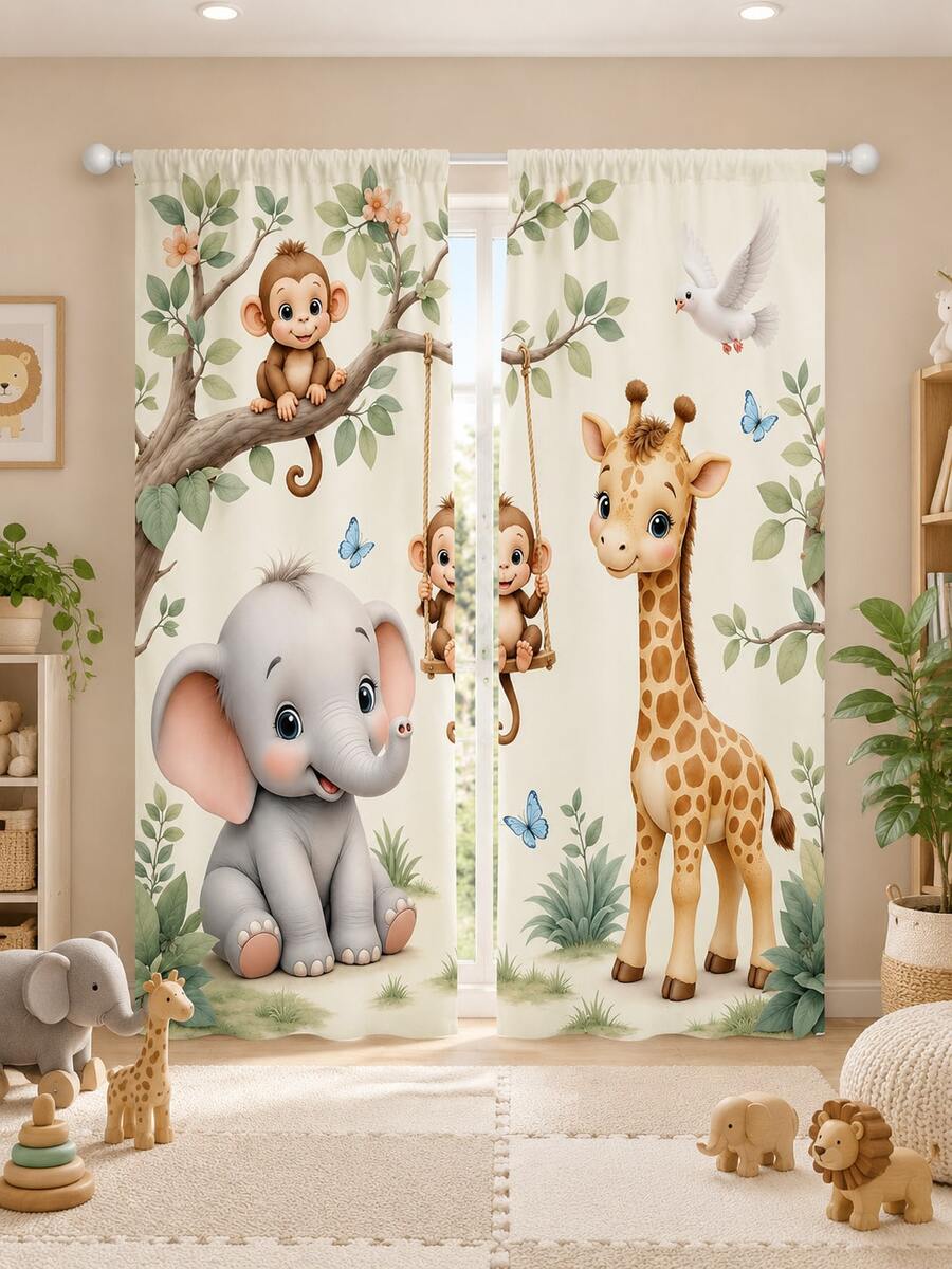 2pcs Jungle Wild Animal Curtains, Rod Pocket Cute Elephant Giraffe Monkey Tree Digital Print Polyester Curtains, Semi-Sheer Light Filtering Privacy Curtains, Suitable For Kids Room Nursery Decor - Multicolor 1 - View 1