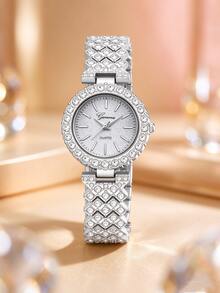 2pcs Women's Quartz Watch & Bracelet Set, Fashion Luxury Rhinestone Minimalist Bar Index Round Dial, Suitable For Daily Wear, Party Decoration, Wedding Season, Birthday And Various Festival Gifts - Silver - View 3