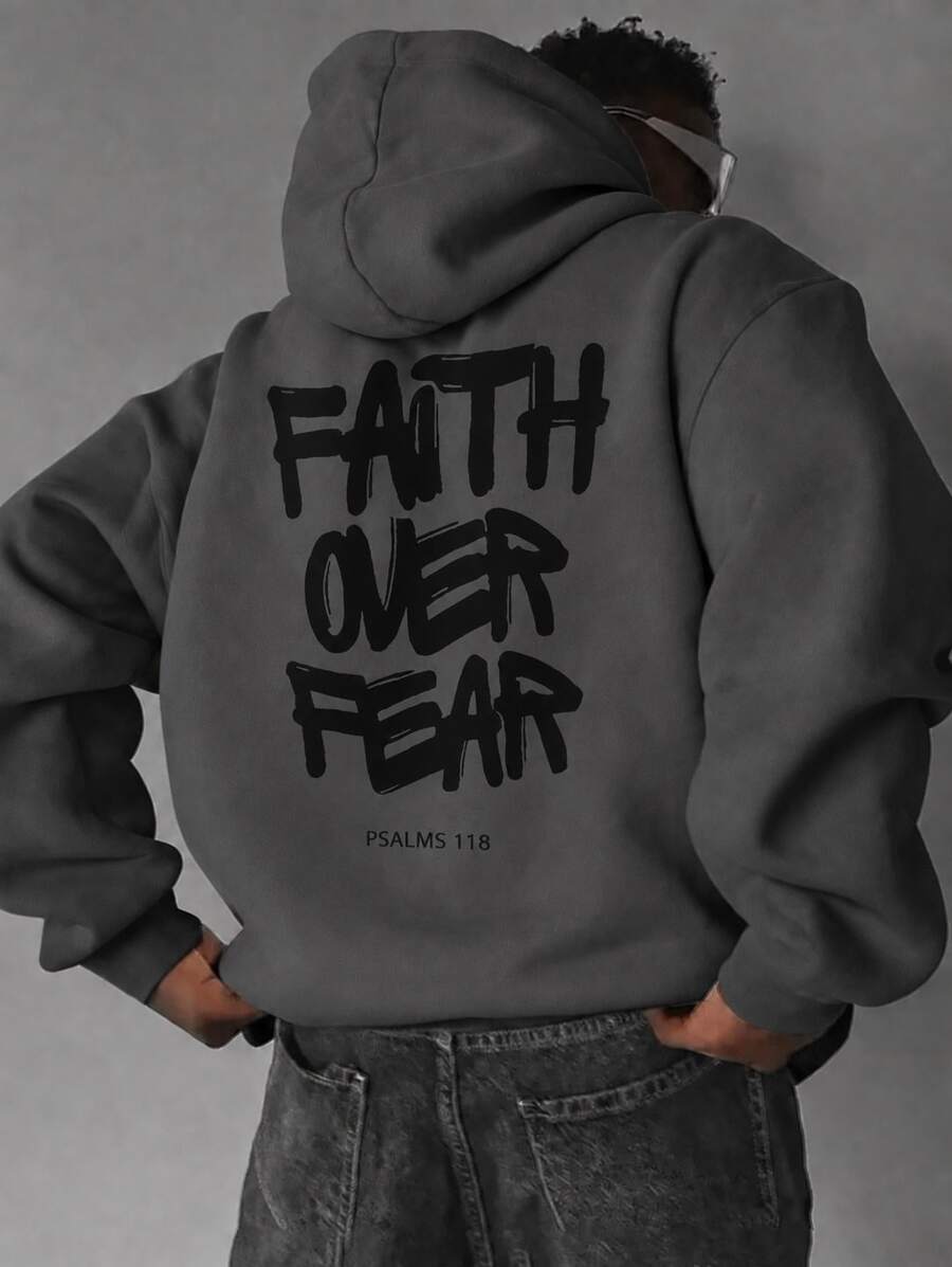 American Street Style Inspirational Text Graphic Print Hoodie, Men's Loose Fit Long Sleeve Top - Dark Grey - View 1