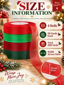 4 Gulungan Pita Organza Mewah untuk Liburan - Pita Kain Chiffon Berkilau Semi-Transparan Merah & Hijau Tua dengan Tepi Rapi, Untuk Hiasan Puncak Pohon Natal, Pembungkus Kado, Karangan Bunga Pintu & Kerajinan Jahit - Serial Natal - View 3