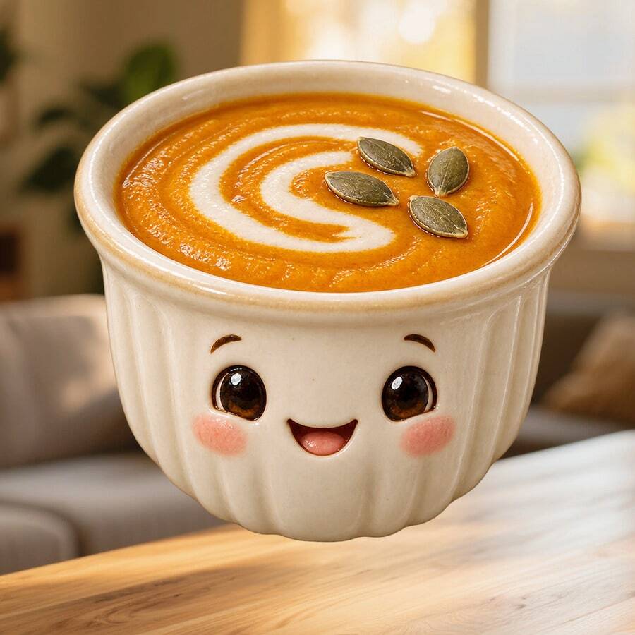 南瓜濃湯杯冰箱磁鐵,橘色濃湯配奶油漩渦與種子細節,裝在快樂杯中,適合溫馨廚房,適用於家中所有金屬表面 - E - 查看 1