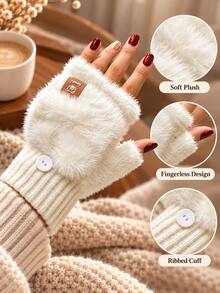 Women's Plush Flap Gloves, Sweet Style Button Design Convertible Fingerless Gloves, Ribbed Knit Cuffs With Lucky Bear Patch, Warm Hand Accessory For Autumn/Winter, Suitable For Daily Life, Study, Work And Outdoor Activities - Multicolor - View 4