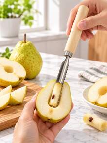 Premium Stainless Steel Fruit & Vegetable Corer With Natural Wooden Handle, Serrated Apple Pear Cucumber Core Remover, Elegant Multi-Purpose Kitchen Prep Tool - Multicolor - View 2
