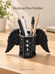 1PC Marble Effect Angel Wing Pen Holder, Hollow Makeup Brush Organizer, Decorative Desktop Storage For Vanity & Office - Multicolor - View 8