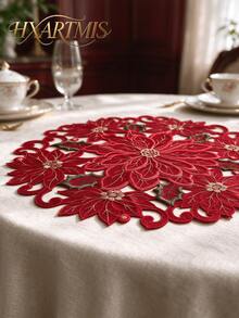 HXARTMIS 1/2/4pcs, 38cm Round Red Lace Placemats, Red Floral Embroidered Handmade Hollow Table Mats, Holiday Table Decor, Christmas Table Decoration, Daily Home Decor - Red - View 5