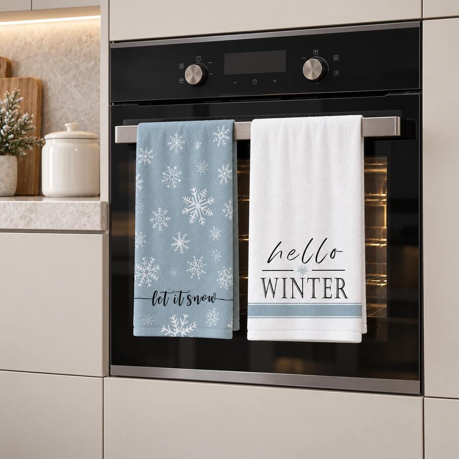 2-Pack Blue & White Snowflake English Pattern Kitchen Towels, Minimalist Fresh Winter Style Hand Towels, Misty Blue Background With White Snowflake, "Let It Snow" English Text, White Background With "Hello Winter" English Text & Blue Stripe Decoration, Winter Design, Suitable For Winter, Christmas Season, Kitchen, Dining Room, Bathroom And Daily Home Decor. - Multicolor - View 1