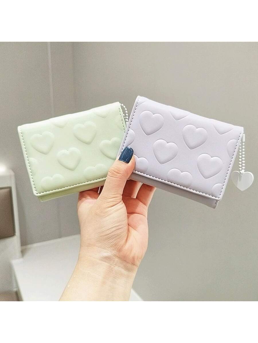Cute Heart Quilted Short Wallet Mini Trifold Purse Card Holder For Women Girls - Multicolor - View 1