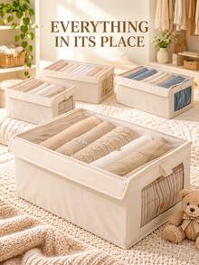 1pc Multi-Functional Foldable Fabric Storage Box With Transparent Lid, Organizer Bin For Bedroom Toy Storage, Plush Dolls, Clothes And Closet Organization - Beige - View 3