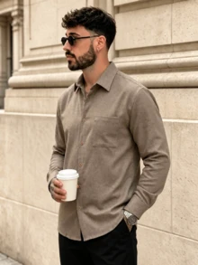 Lookun Men's Turn-Down Collar Long Sleeve Shirt With Button Placket And Patch Pocket Decor, Urban Casual Style, Spring/Autumn/Winter - Brown - View 4